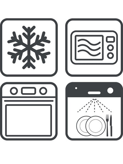 Eclectic icons showing the Appolia oven dish is safe for freezer, microwave, oven, and dishwasher use.