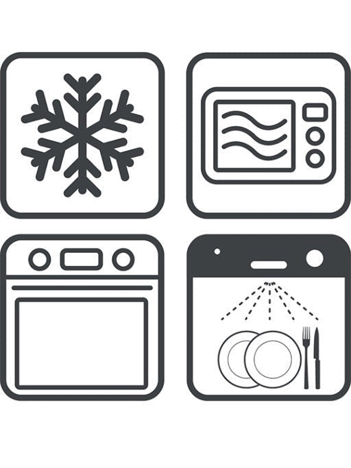 Eclectic Appolia oven dish usage icons showing freezer, microwave, oven, and dishwasher safe symbols