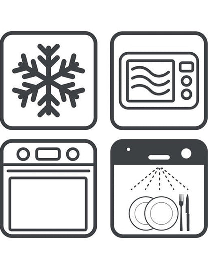 Eclectic Appolia oven dish usage icons showing freezer, microwave, oven, and dishwasher safe symbols