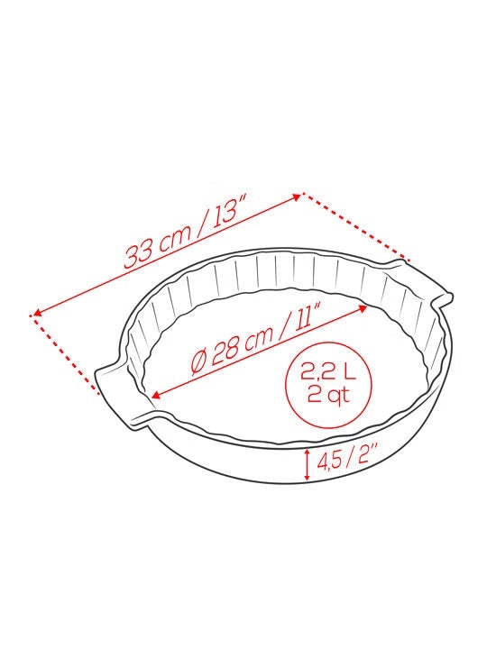 Eclectic Appolia ceramic pie dish technical diagram showing 33 cm diameter and 4.5 cm height dimensions