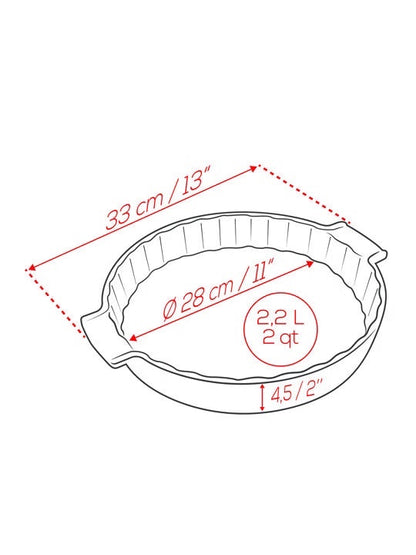 Eclectic Appolia ceramic pie dish technical diagram showing 33 cm diameter and 4.5 cm height dimensions
