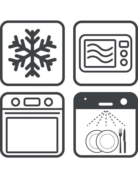 Eclectic Appolia ceramic pie dish usage icons showing freezer, microwave, oven, and dishwasher safe symbols