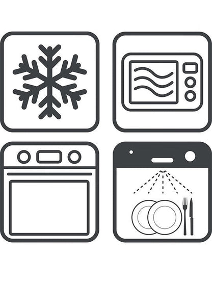 Eclectic Appolia ceramic pie dish usage icons showing freezer, microwave, oven, and dishwasher safe symbols