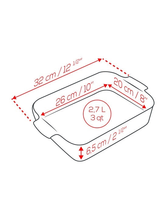 Eclectic Appolia rectangular ceramic oven dish dimensions diagram showing 2.7L capacity and measurements in cm and inches.