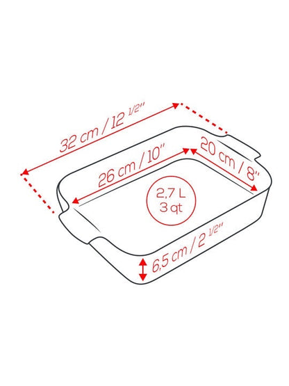 Eclectic Appolia rectangular ceramic oven dish technical diagram showing dimensions and 2.7L capacity