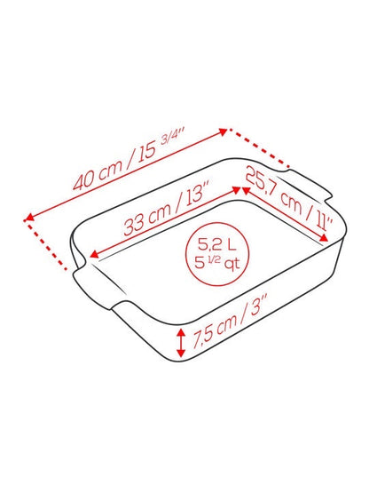 Eclectic Appolia rectangular ceramic oven dish technical diagram showing 5.2L capacity and dimensions in cm and inches