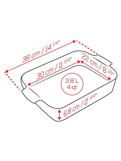 Eclectic Appolia rectangular ceramic oven dish technical diagram showing dimensions and 3.8L capacity