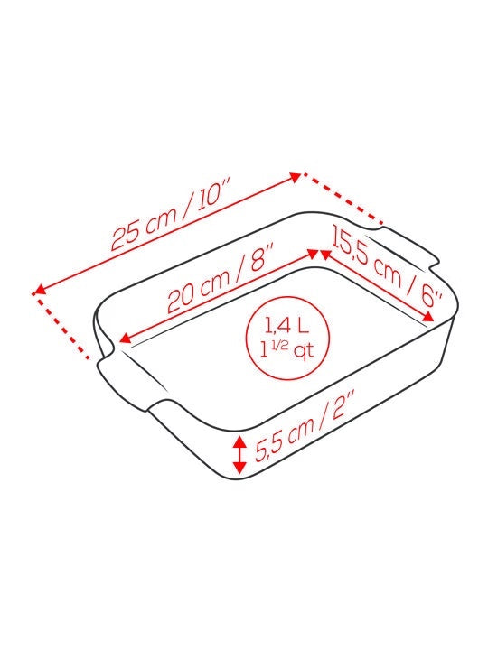 Eclectic Appolia rectangular ceramic oven dish technical diagram showing dimensions and 1.4L capacity in ecru