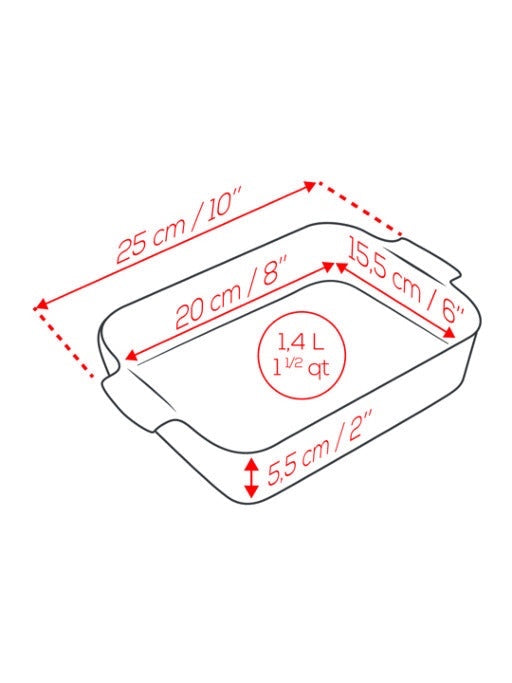 Eclectic Appolia rectangular ceramic oven dish dimensions diagram showing 1.4L capacity and 25cm length