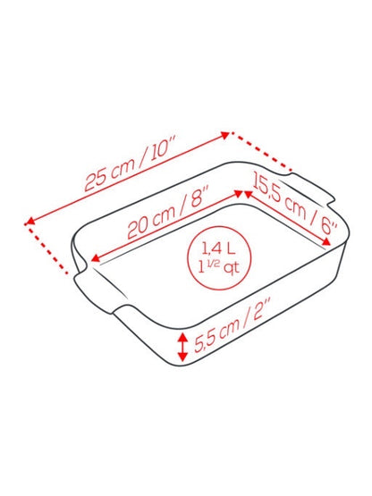 Eclectic Appolia rectangular ceramic oven dish dimensions diagram showing 1.4L capacity and 25cm length