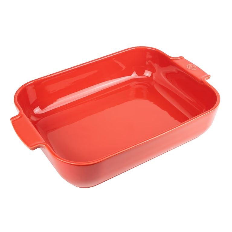 Eclectic Appolia rectangular ceramic oven dish in rich red with wide ribbed handles for easy serving.