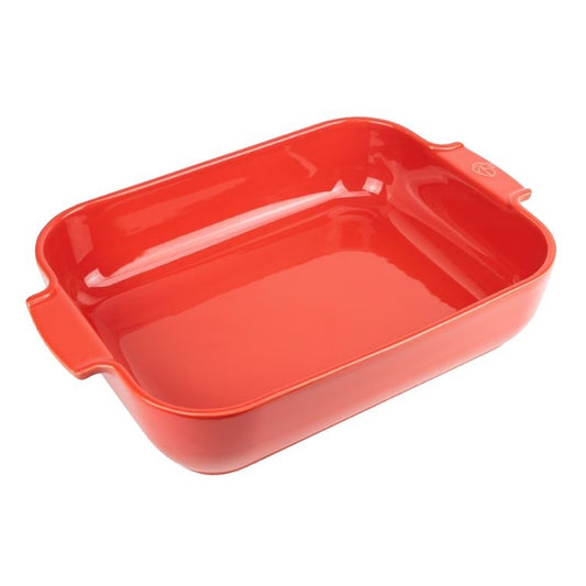 Eclectic Appolia rectangular ceramic oven dish in rich red with wide ribbed handles for easy serving.