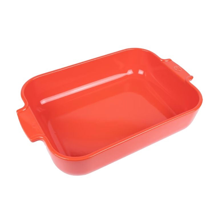 Eclectic Appolia rectangular ceramic oven dish in rich red with wide ribbed handles for easy serving.