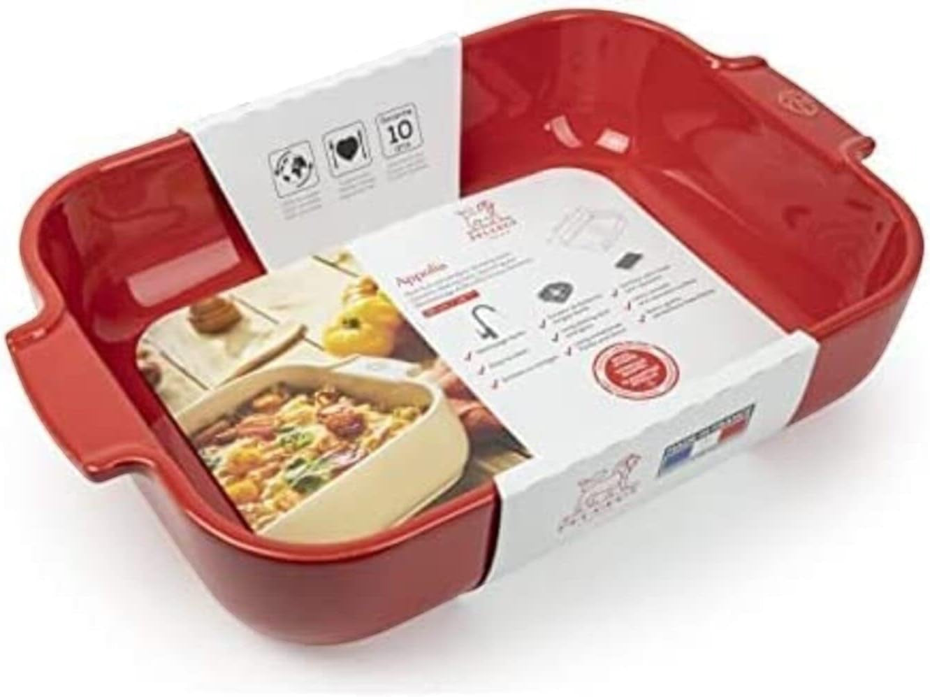 Eclectic Appolia rectangular ceramic oven dish in rich red with ribbed handles and product information label