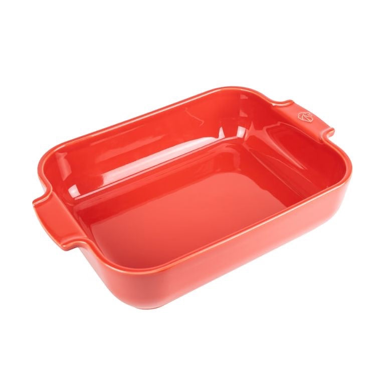 Eclectic Appolia rectangular ceramic oven dish in rich red with wide ribbed handles for easy serving.