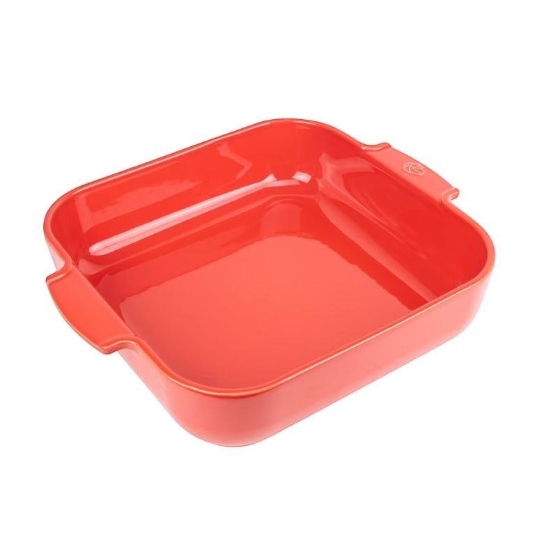Eclectic Appolia square ceramic oven dish in a vibrant red glaze with wide ribbed handles for easy serving.