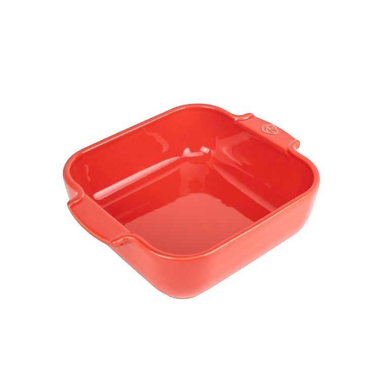 Eclectic Appolia square ceramic oven dish in a vibrant red glaze with wide ribbed handles for easy serving.