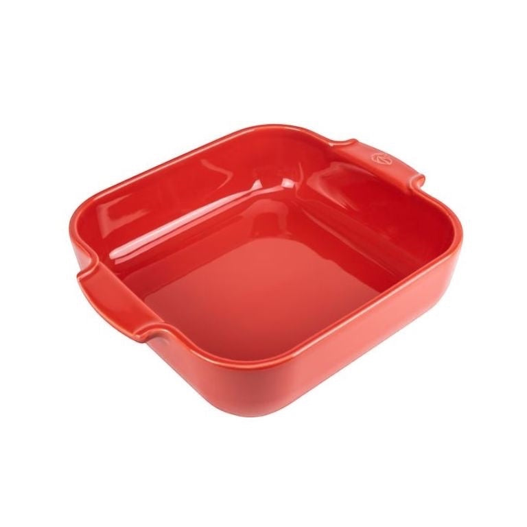 Eclectic Appolia square red ceramic oven dish with ribbed handles for easy serving and heat retention.
