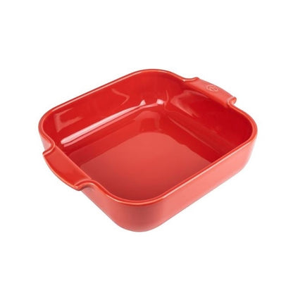Eclectic Appolia square red ceramic oven dish with ribbed handles for easy serving and heat retention.