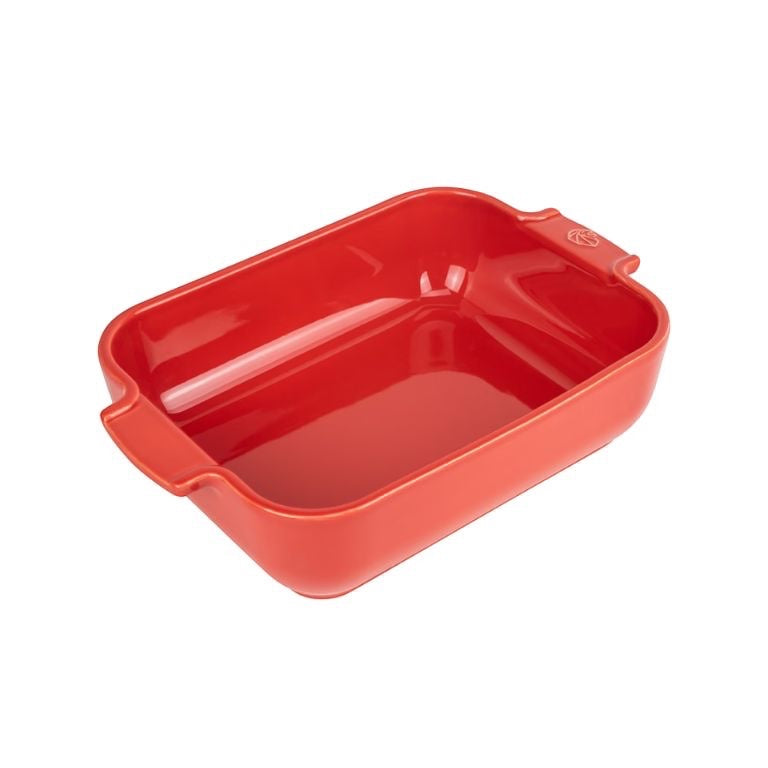 Eclectic Appolia rectangular ceramic oven dish in rich red with ribbed handles for easy serving.