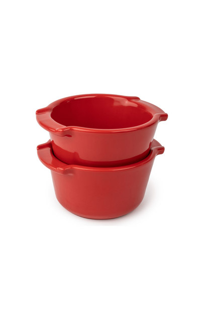 Eclectic Appolia rich red glazed ceramic ramekins stacked for oven-to-table serving