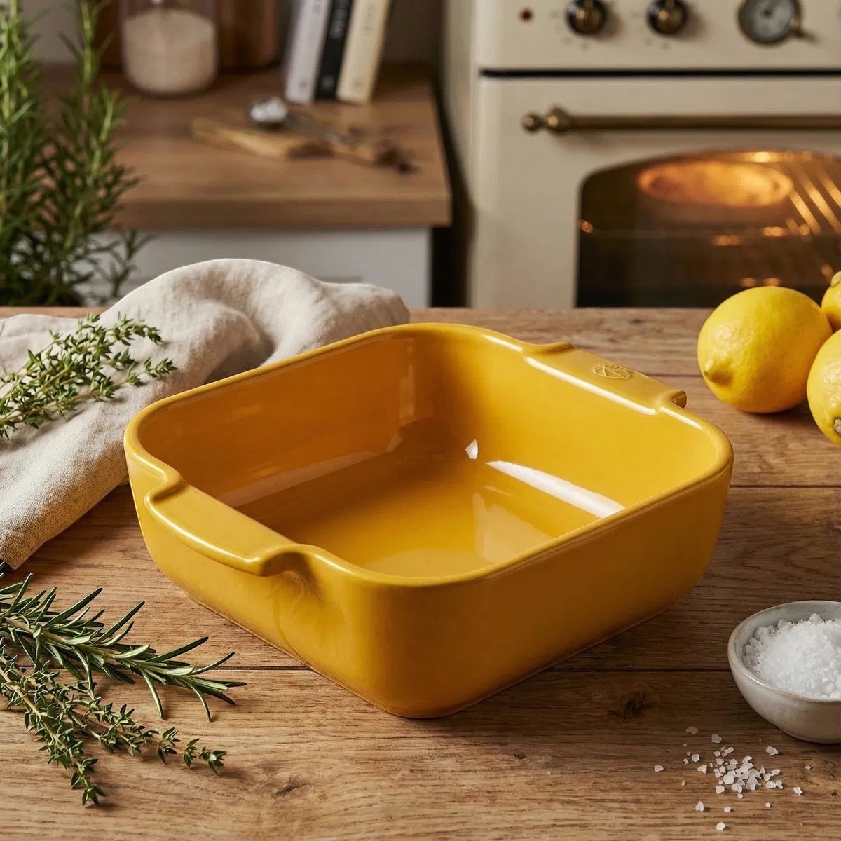 Eclectic Appolia square ceramic oven dish in vibrant saffron yellow with ribbed handles on a rustic wooden kitchen table