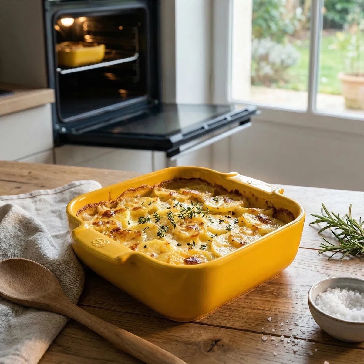 Eclectic Appolia square ceramic oven dish in saffron yellow filled with potato gratin on a wooden kitchen table.