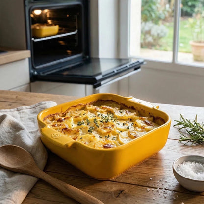Eclectic Appolia square ceramic oven dish in saffron yellow filled with potato gratin on a wooden kitchen table.