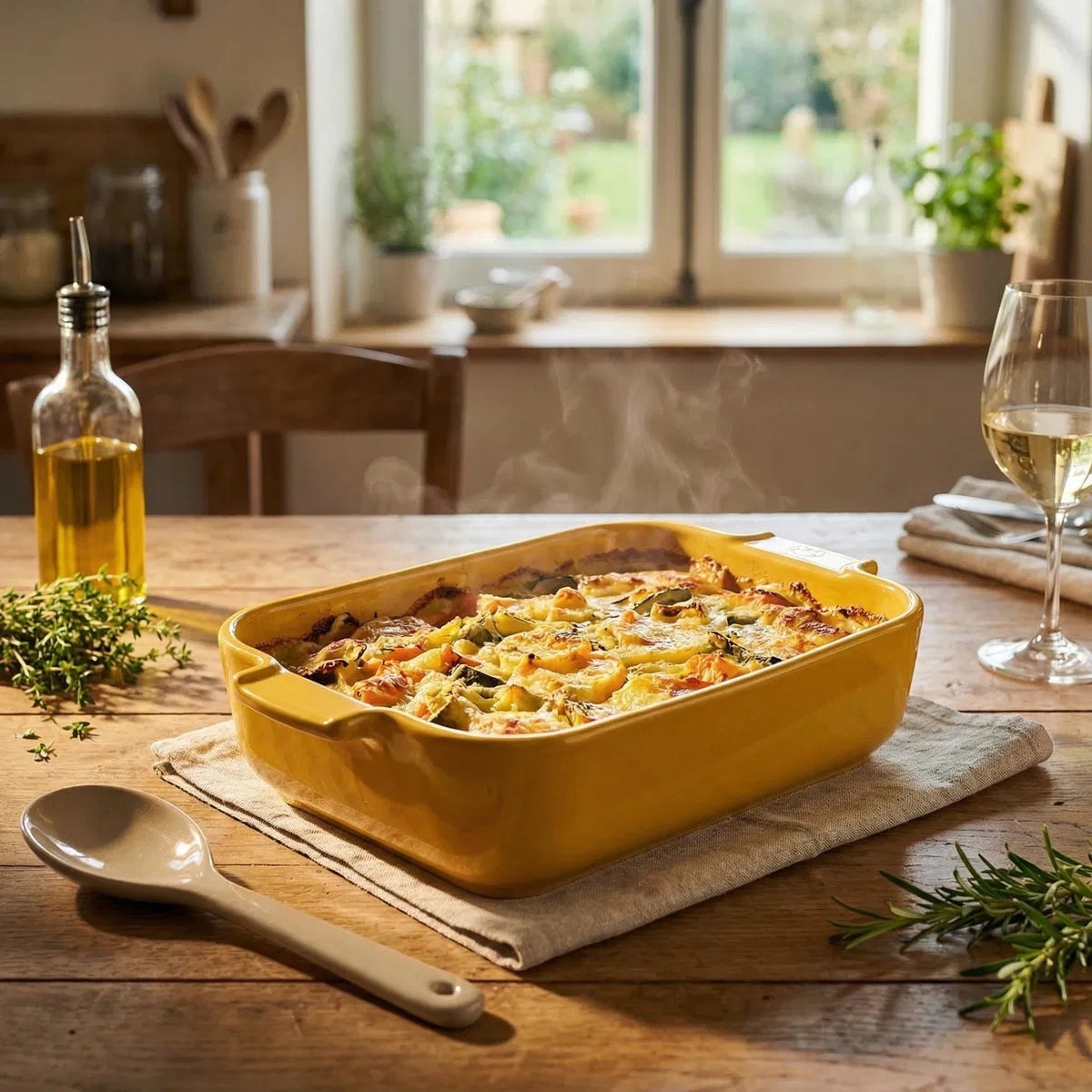 Eclectic Appolia saffron yellow rectangular ceramic oven dish filled with a hot vegetable gratin on a wooden table.