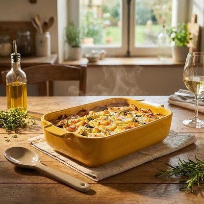 Eclectic Appolia saffron yellow rectangular ceramic oven dish filled with a hot vegetable gratin on a wooden table.