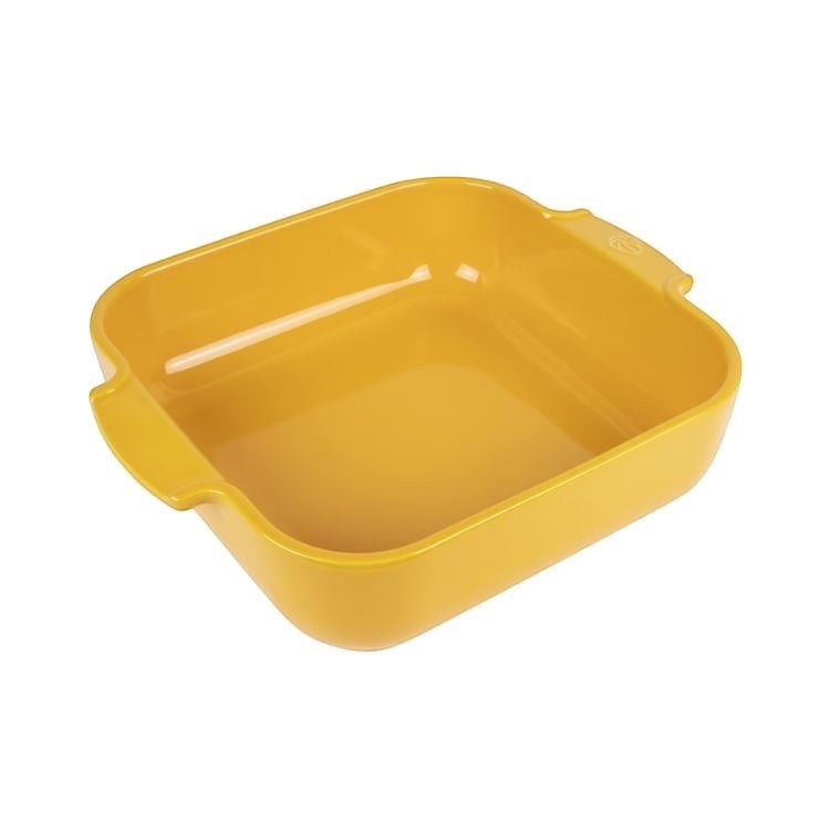 Eclectic Appolia square ceramic oven dish in vibrant saffron yellow with wide ribbed handles for a secure grip.