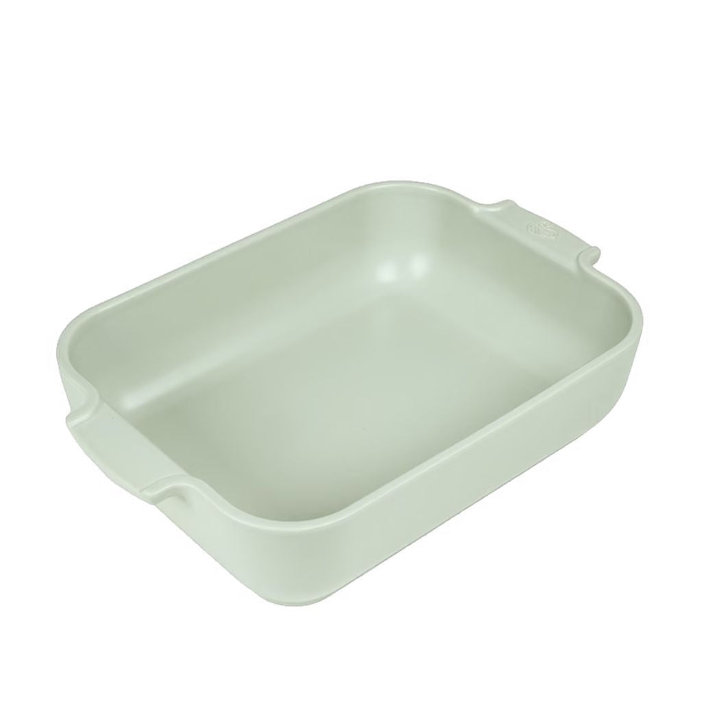 Eclectic Appolia rectangular ceramic oven dish in sage green with ribbed handles for easy grip.
