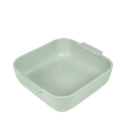 Eclectic Appolia square ceramic oven dish in sage green with ribbed handles for easy grip and oven-to-table serving.