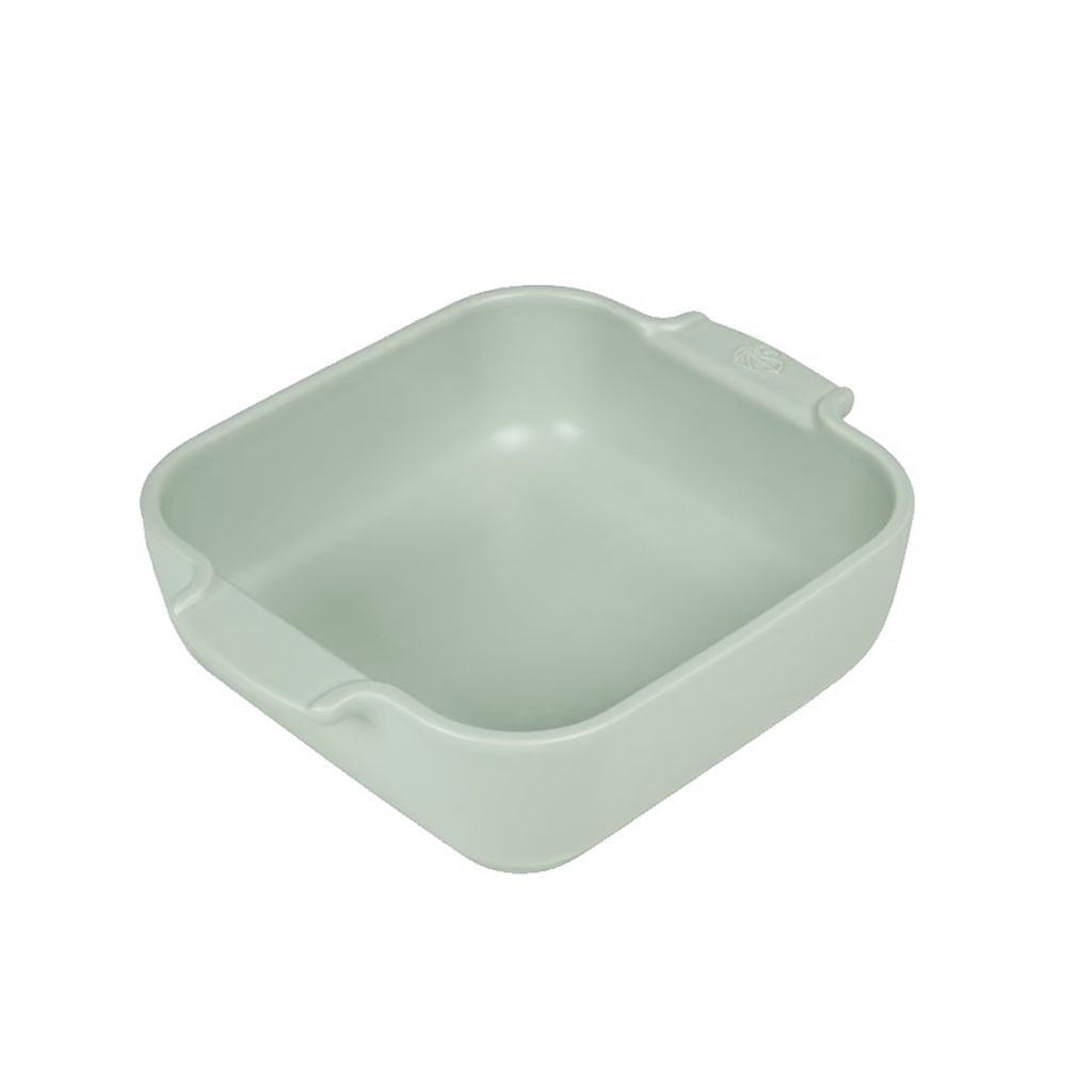 Eclectic Appolia square ceramic oven dish in sage green with ribbed handles for a secure grip.