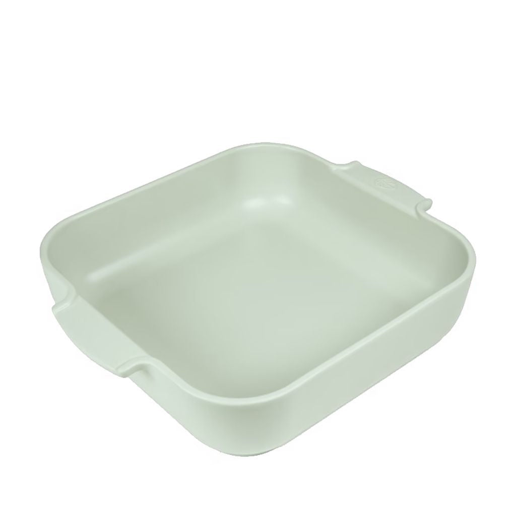 Eclectic Appolia square ceramic oven dish in sage green with ribbed handles for easy serving.