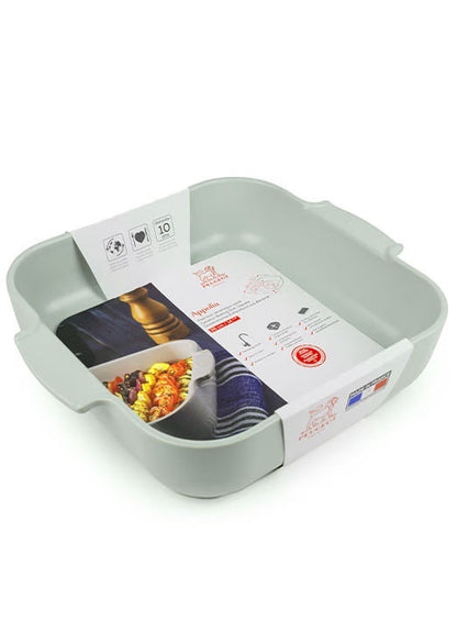 Eclectic Appolia square ceramic oven dish in sage green with ribbed handles and product information label.