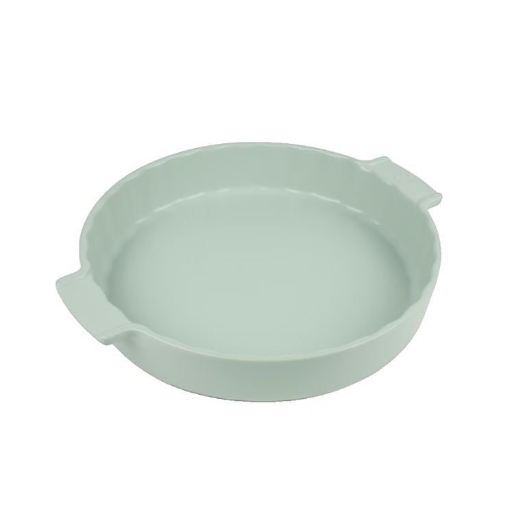 Eclectic Appolia sage green ceramic 33 cm pie dish with a smooth enamelled glaze and side handles.