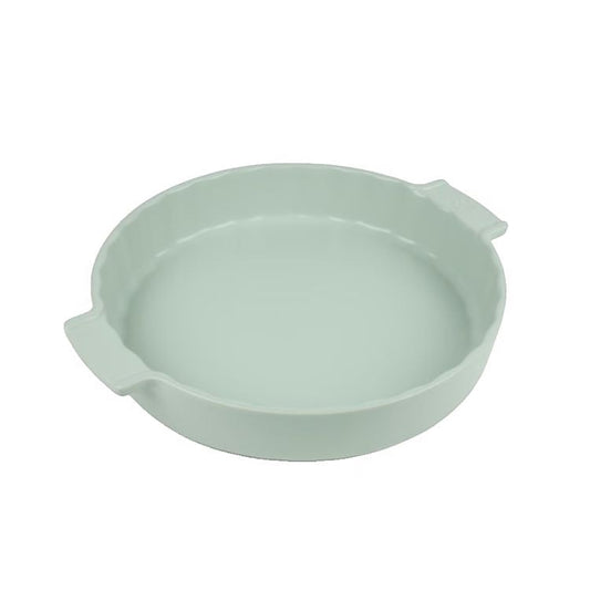 Eclectic Appolia sage green ceramic 33 cm pie dish with a smooth enamelled glaze and side handles.