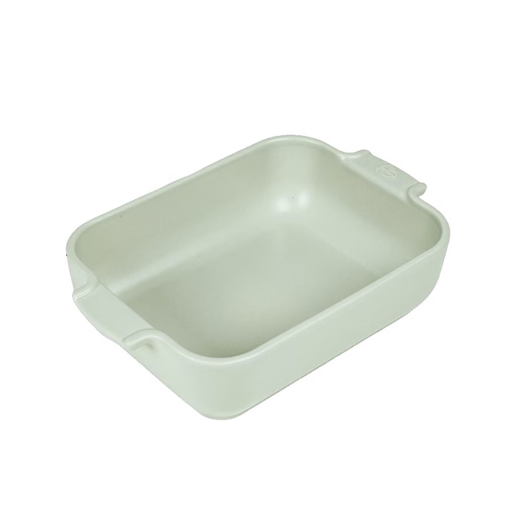 Eclectic Appolia rectangular ceramic oven dish in a soft sage green glaze with wide ribbed handles.