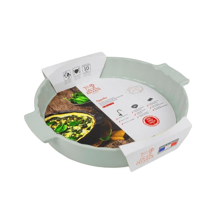 Eclectic Appolia sage green ceramic pie dish with product information label, 33 cm diameter, oven-safe design.