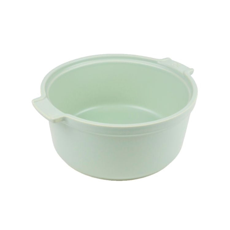 Eclectic Appolia 24cm sage green ceramic soufflé dish with ergonomic handles for oven-to-table serving.