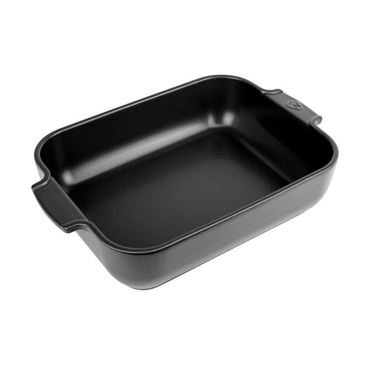 Eclectic Appolia rectangular ceramic oven dish in satin black with wide ribbed handles for easy serving.