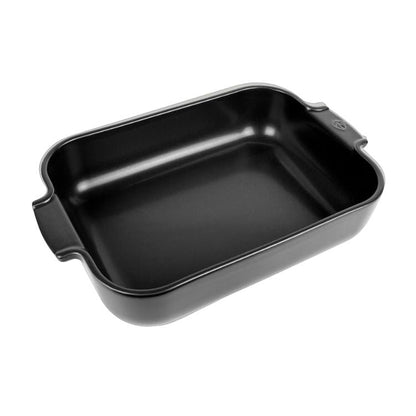 Eclectic Appolia rectangular ceramic oven dish in a satin black finish with wide ribbed handles.