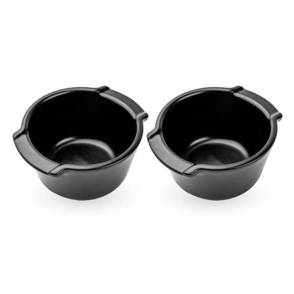 Eclectic Appolia set of two 11 cm satin black glazed ceramic ramekins for oven-to-table baking and serving.