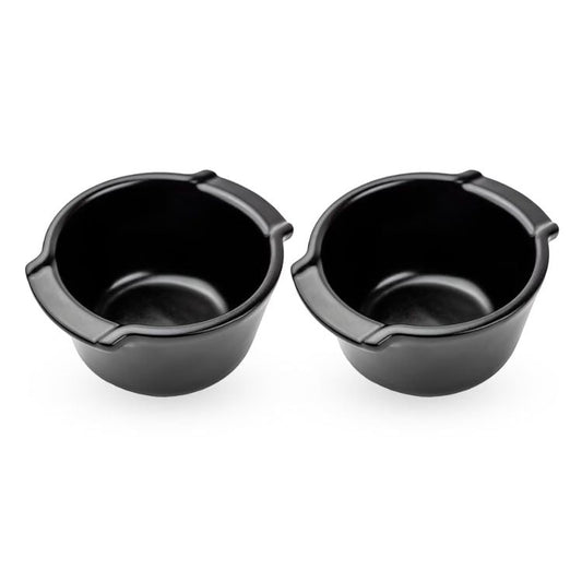 Eclectic Appolia set of two 11 cm satin black glazed ceramic ramekins for oven-to-table baking and serving.