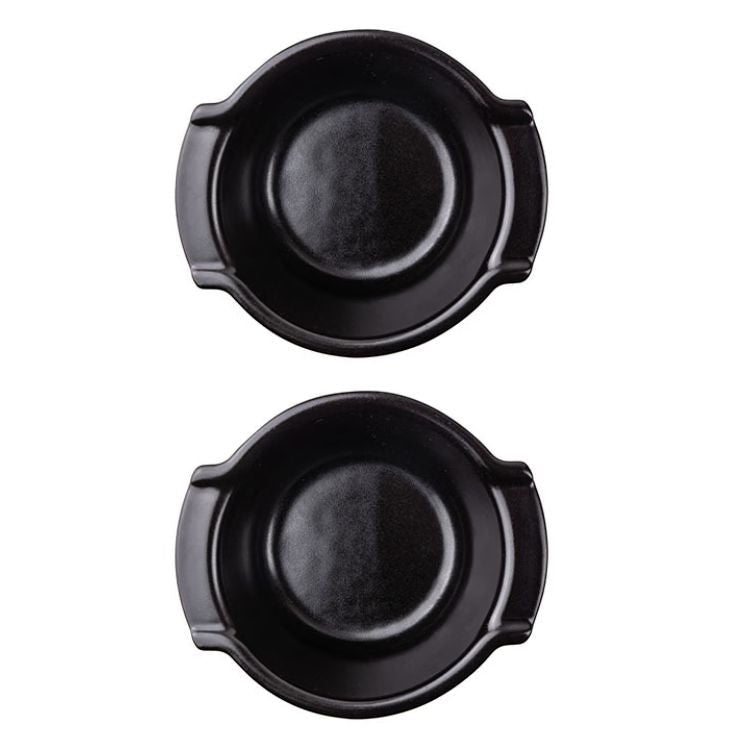 Eclectic set of two 11 cm Appolia satin black glazed ceramic ramekins for oven-to-table baking and serving.