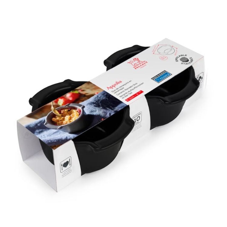 Eclectic Appolia set of two satin black ceramic ramekins in original packaging, ideal for oven-to-table baking.