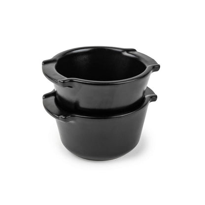Eclectic Appolia satin black ceramic ramekins stacked, 11 cm oven-to-table baking dishes with a smooth glazed finish.