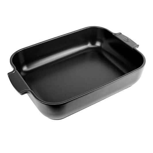 Eclectic Appolia rectangular ceramic oven dish in satin black with wide ribbed handles for easy serving.