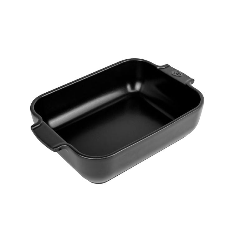 Eclectic Appolia rectangular ceramic oven dish in a satin black finish with wide ribbed handles.